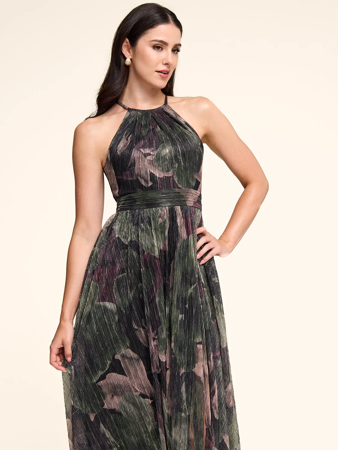 Floral Metallic Crinkle Knit Halter Neck Gown - Image 4