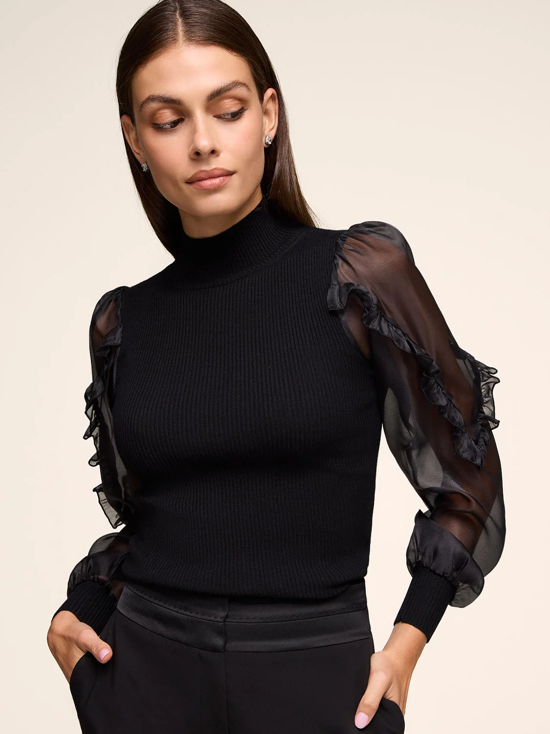 Mock Neck Sweater With Organza Sleeves - Image 2